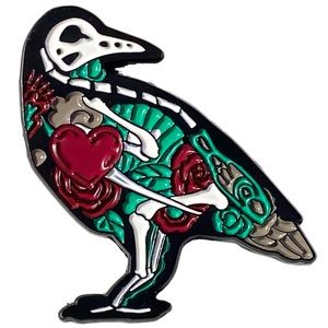 Pin 1.5” Skeleton Crow Raven Floral Heart Enamel Brooch Halloween